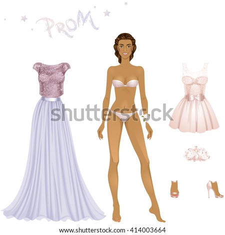 Beautiful Prom Party dress up female paper doll, ready for cut out and play. Vector illustration.