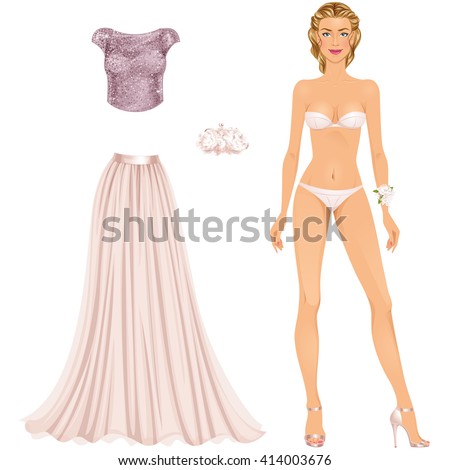 Beautiful Prom Party dress up female paper doll, ready for cut out and play. Vector illustration.
