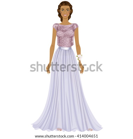 Beautiful Prom Party dress up female paper doll, ready for cut out and play. Vector illustration.