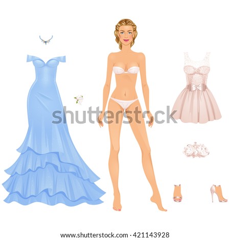 Beautiful Prom Party dress up female paper doll, ready for cut out and play. Vector illustration.