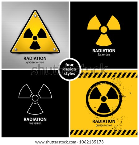 set of radiation warning symbols containing four unique design elements in different variations: gradient, flat, line and grunge style, eps10 vector illustration