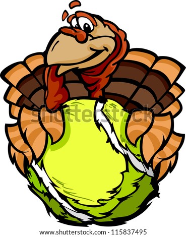 Cartoon Vector Image of a Thanksgiving Holiday Tennis Turkey Holding a Tennis Ball