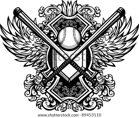 Baseball Bats, Baseball, And Home Plate With Ornate Wing Borders Vector ...