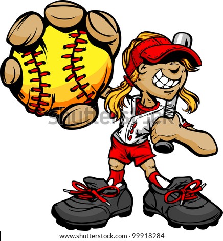 Fast Pitch Softball Girl Cartoon Player with Bat and Ball Vector Illustration