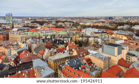 RIGA, LATVIA - MARCH 20:  A panorama of the city of Riga, capital of Latvia on March 20, 2014.  Livu Square, the Powder Tower and St Jacobs Cathedral can all be seen.