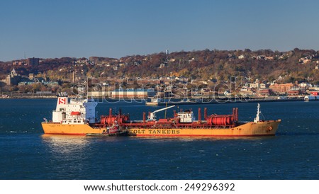 NEW YORK CITY, NOVEMBER 18:  Stolt Tankers chemical carrier Stolt Sapphire on November 18th, 2014 anchored on the Hudson River.  Stolt Tankers operate more than 150 chemical and bulk liquids ships.