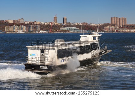 NEW YORK CITY, NOVEMBER 19:  The NY Waterway boat Morrone is pictured on November 19th, 2014 on the Hudson River.  NY Waterway offer ferry and bus transportation services in New York and New Jersey.