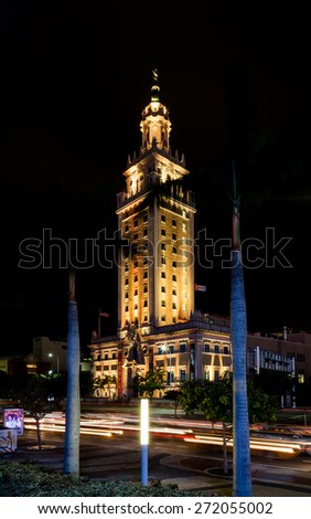 MIAMI, FLORIDA, NOVEMBER 20:  A night time view of the Freedom Tower in Miami, Florida pictured on November 20th, 2014.  In 2008 the Miami city landmark was declared a US National Historic Landmark.