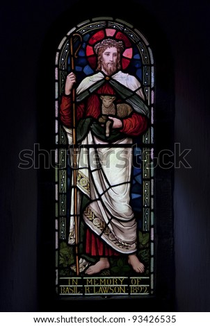 Christ the Good Shepherd.  The stained glass window created by Henry Holiday is to be found in Whythburn church in the English Lake District.