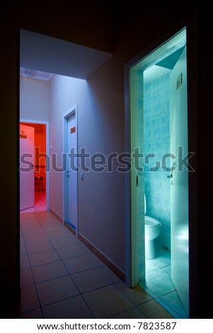 Mysterious corridor with blue light and opened doors to medical cabinet with red light and usual toilet.