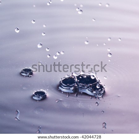 Several splashes on the water and droplets falling down