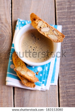 cup of coffee and biscuits, selective focus