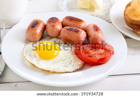 Fried egg, mini sausages, tomato and cup of tea