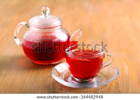 Red herbal and fruit tea in cup and tea pot