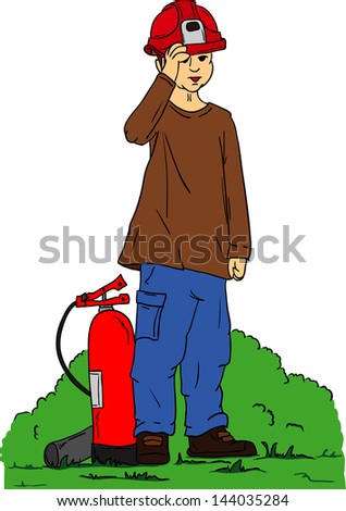 vector - young firefighter ready for action, isolated on background