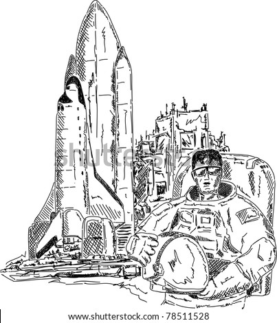 vector - spaceman  with  space shuttle , hand draw