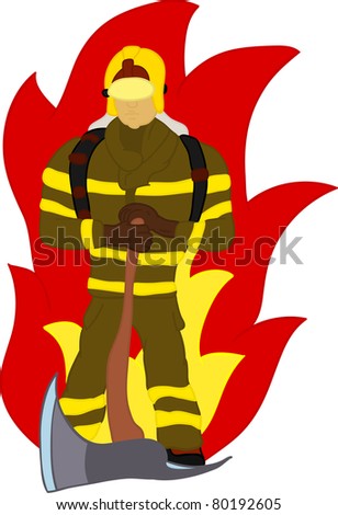 vector - firefighter with axe and fire , hand draw, isolated on background