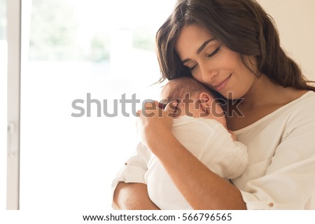 Similar – Image, Stock Photo Happy mother breastfeeding baby near window