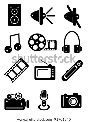 Black and White Multimedia Icons, vector