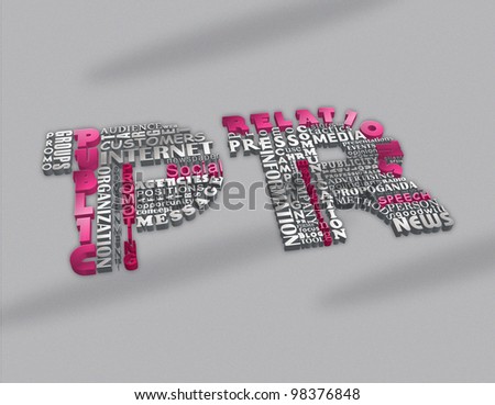 Public relations concept. Word tag cloud formed in letters with 3D text effect