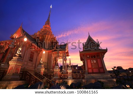 Architecture landscape at dusk of Royal funeral pyre for cremation ceremony on the HRH Princess Bejaratana Rajasuda, princess of Thailand at Sanam Luang in Bangkok