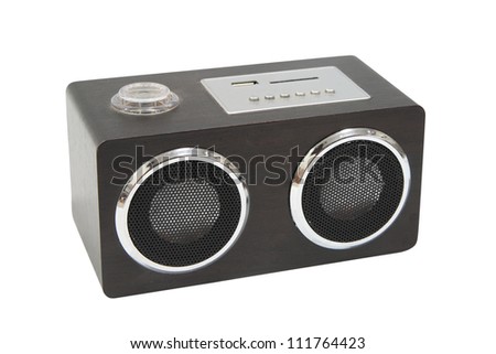 Small wooden speaker with usp and sd card ports isolated on white