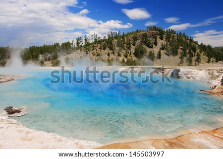 Beautiful Midway Geyser Basin against blue sky in Yellowstone National Park, Wyoming, US