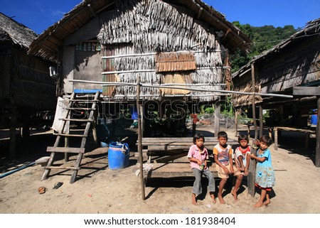 PHANG NGA, THAILAND- MARCH 04, 2012: Unidentified children at Morgan, sea gypsies, village. Morgan locates a village in small island of the southern of Koh Surin.