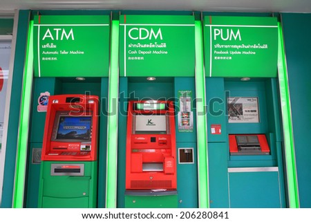 BANGKOK, THAILAND - JULY 18, 2014:  Bank Automatic Teller Machine (ATM) of Kasikornbank. Kasikornbank is the 3rd largest Thai banking found on 1945.