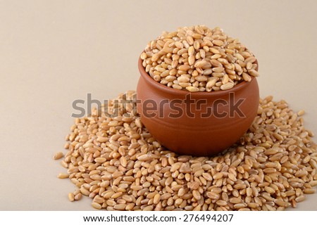 Wheat grains in clay pot with heap