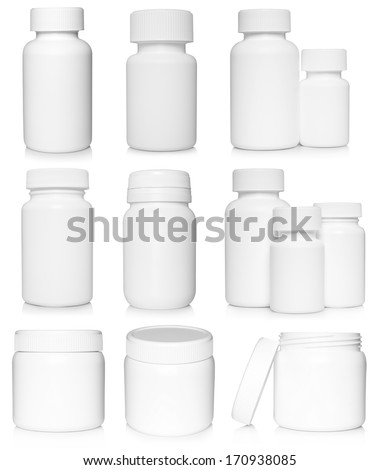 White medical containers set on white background