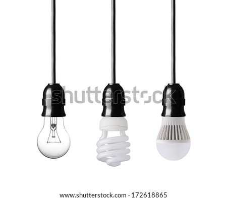 Light bulb,energy saver bulb and LED bulb isolated on white