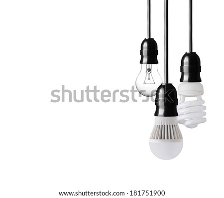 Light bulb,energy saver bulb and LED bulb on white