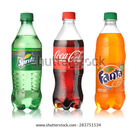 LOS ANGELES , USA - JUNE 2, 2015 Coca-Cola, Fanta and Sprite Bottles Isolated On White. The three drinks produced by the Coca-Cola Company