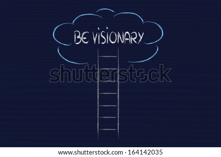 conceptual design representing a visionary genius mind, ladder reaching the clouds