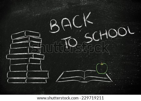 pile of books, open book with an apple: back to school