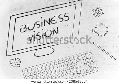 the Text Business Vision on a computer screen, on a desk with keyboard and coffee