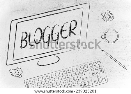 the text Blogger on a computer screen, on a desk with keyboard and coffee