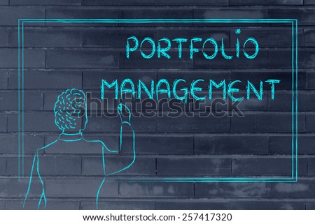 teacher (or ceo) writing on blackboard explaining about portfolio management