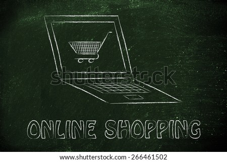 laptop computer and shopping cart, concept of e-commerce and online shopping