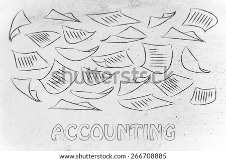 accounting and bookkeeping, illustration with plenty of document pages flying all around