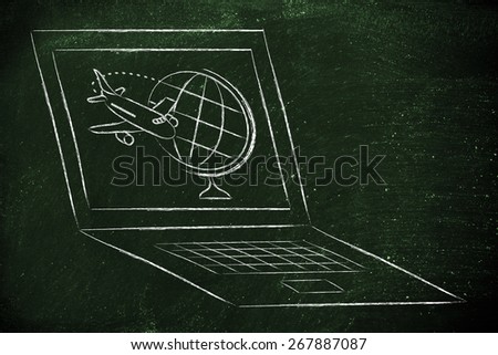 globe and airplane on a laptop screen: concept of online booking and business travel