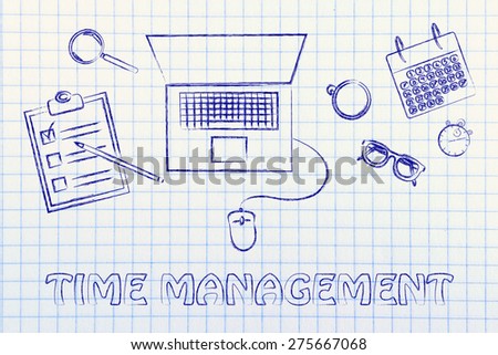 time management: laptop, calendar, stopwatch and to do list