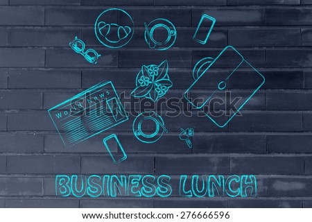 coffee break at work or business lunch with a client: table with coffee, food, briefcase and other objects