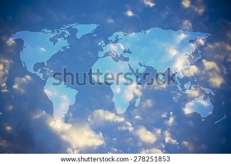 semi transparent glowing overlay creating the map of the world above the skky