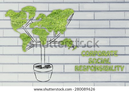 corporate social responsibility: plant with the shape of a world map and grass texture