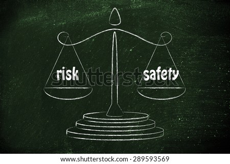 concept of comparing risk & safety, illustration of an old school balance
