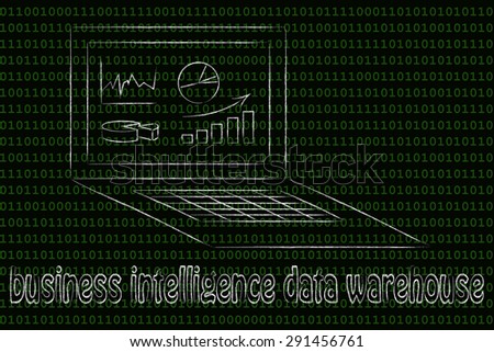 business intelligence data warehouse:laptop screen with different types of graphs