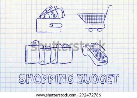 wallet with money, cart, bags and payment terminal: shopping budget