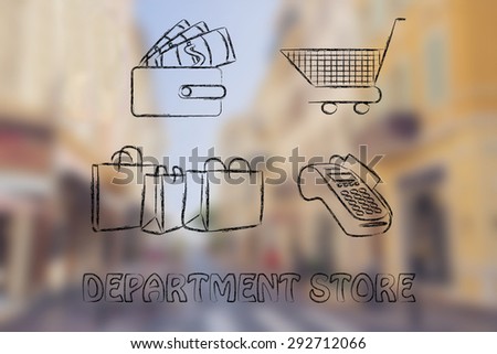wallet with money, cart, bags and payment terminal: department store day